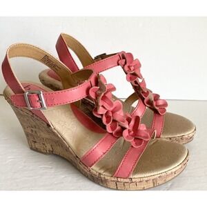 BOC Sandals Womens‎ 8M Coral Pink  Evita Flower Wedge Heel Faux Leather